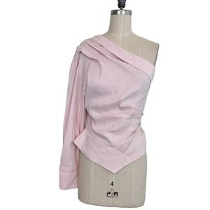 Zara Top Sz Small Asymmetrical Pink Linen Blend One Shoulder‎ Long Sleeve Blouse